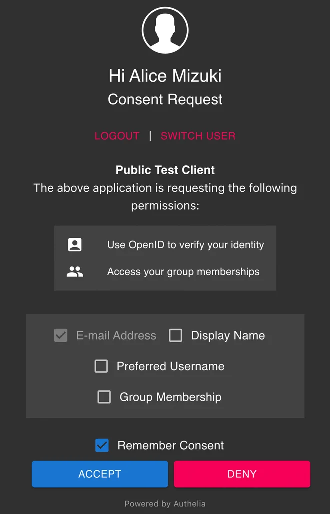 Authelia consent screen