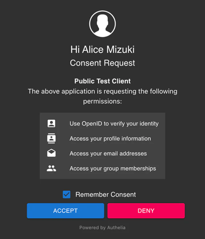 Authelia consent screen