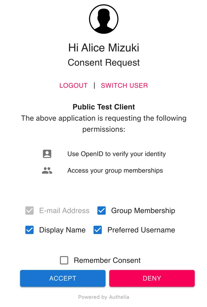 Authelia consent screen