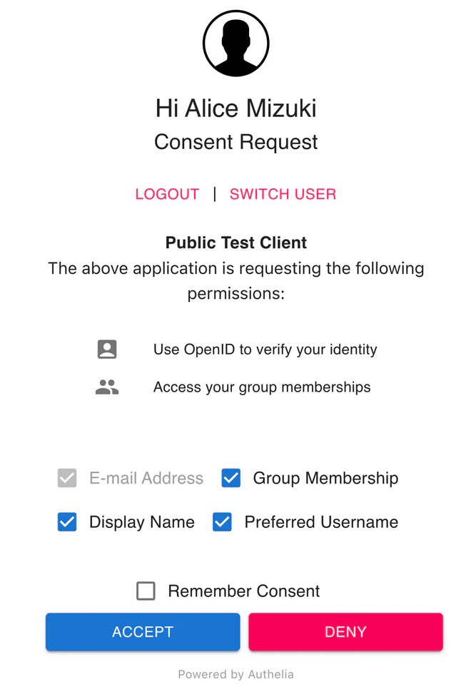 Authelia consent screen