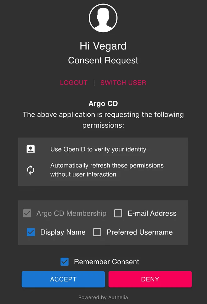 Consent screen for Argo CD presenting optional values