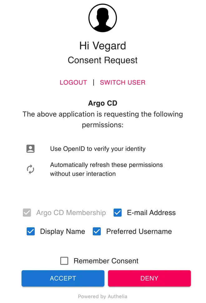Consent screen for Argo CD presenting optional values