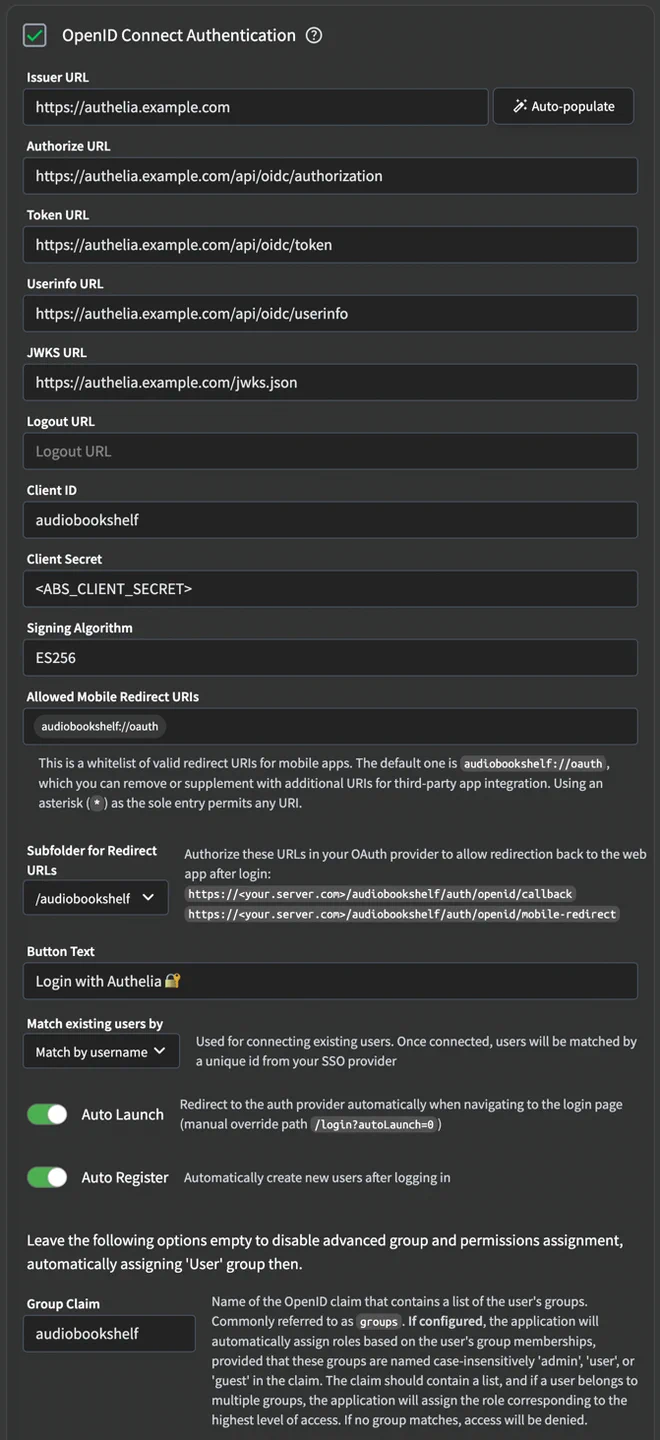 Screenshot of Audiobookshelf OIDC authentication configuration