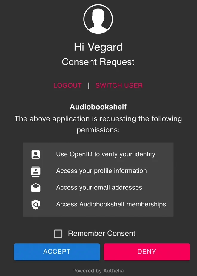 Consent screen for Authelia with no optional values
