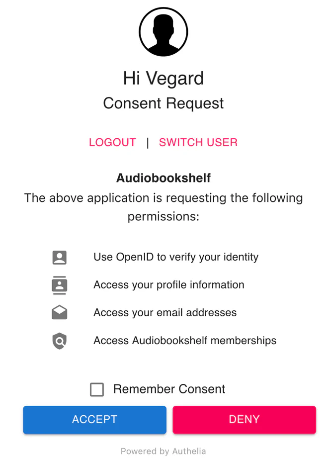 Consent screen for Authelia with no optional values
