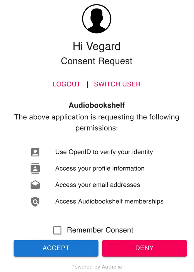 Consent screen for Authelia with no optional values
