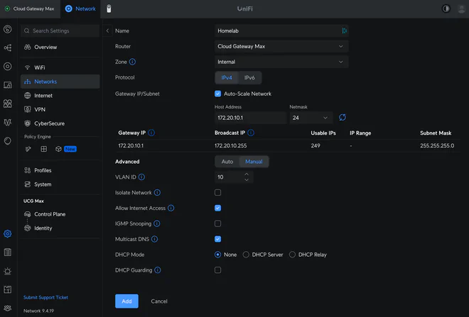Adding a new Virtual Network in the UniFi portal