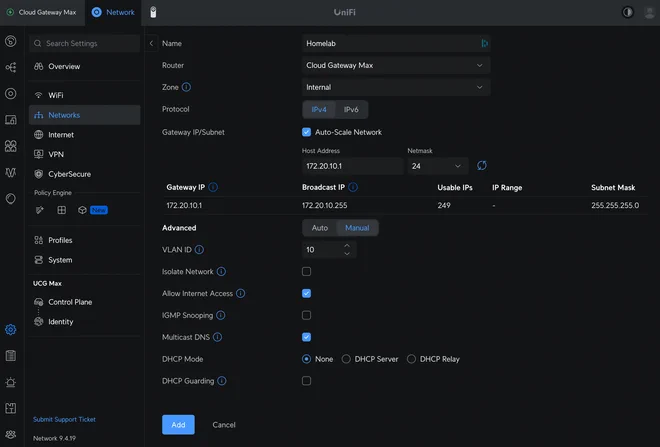 Adding a new Virtual Network in the UniFi portal