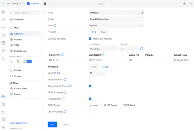 Adding a new Virtual Network in the UniFi portal